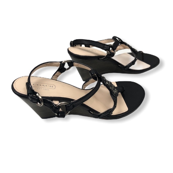 Coach Harper Sz 9B Black Leather Wedge Sandal - Picture 4 of 7